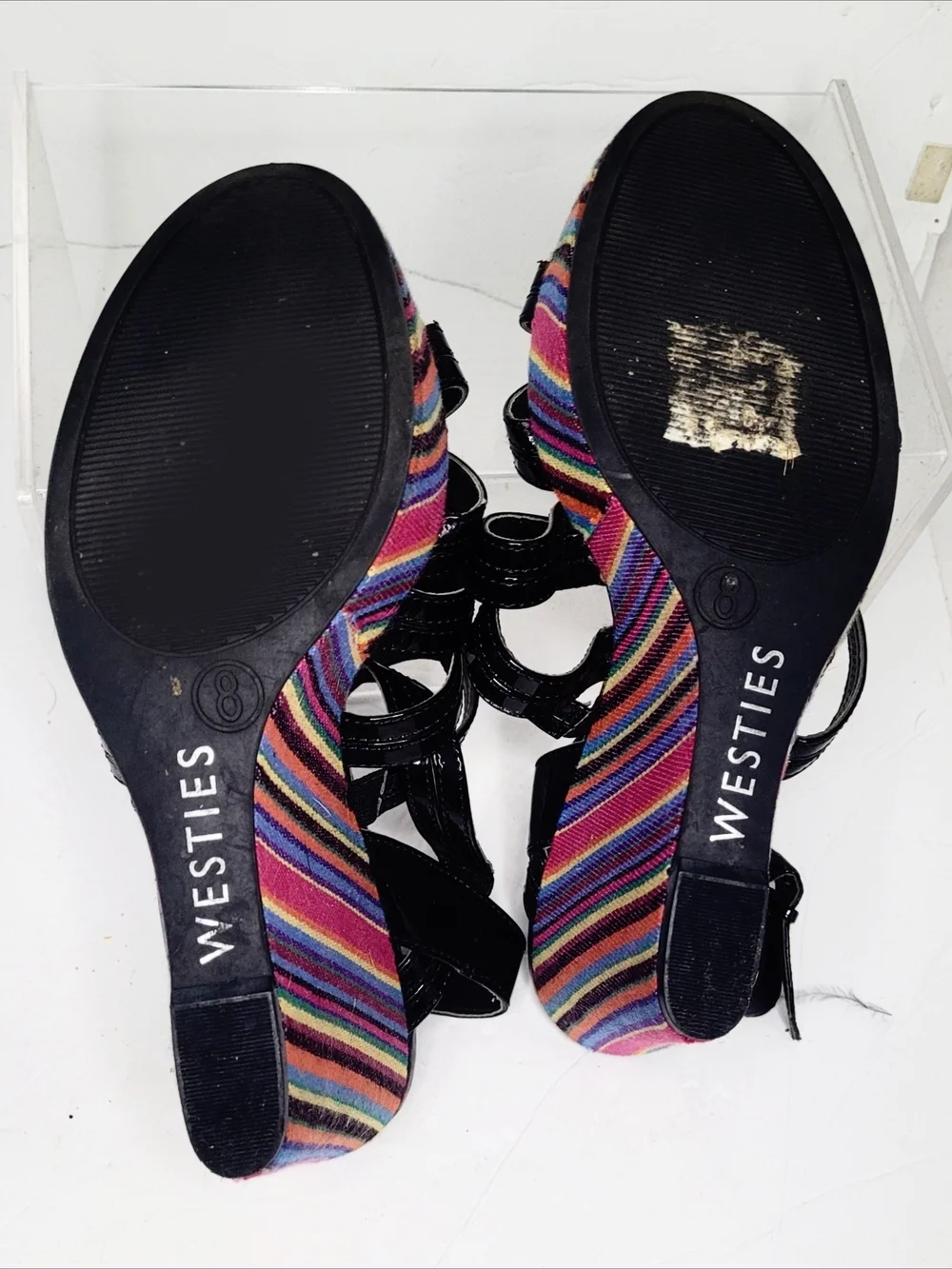 Retro Westies Black Patent Strappy Wedge Sandals w/ Fabric Rainbow Stripes